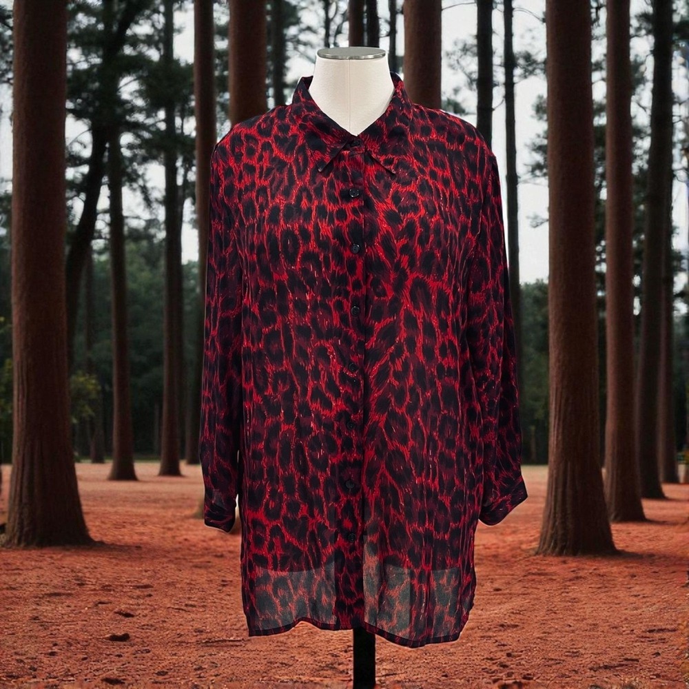 Magic Red Black Leopard Print Button Shirt Sheer Blouse‎ Plus Size 3X Y2K